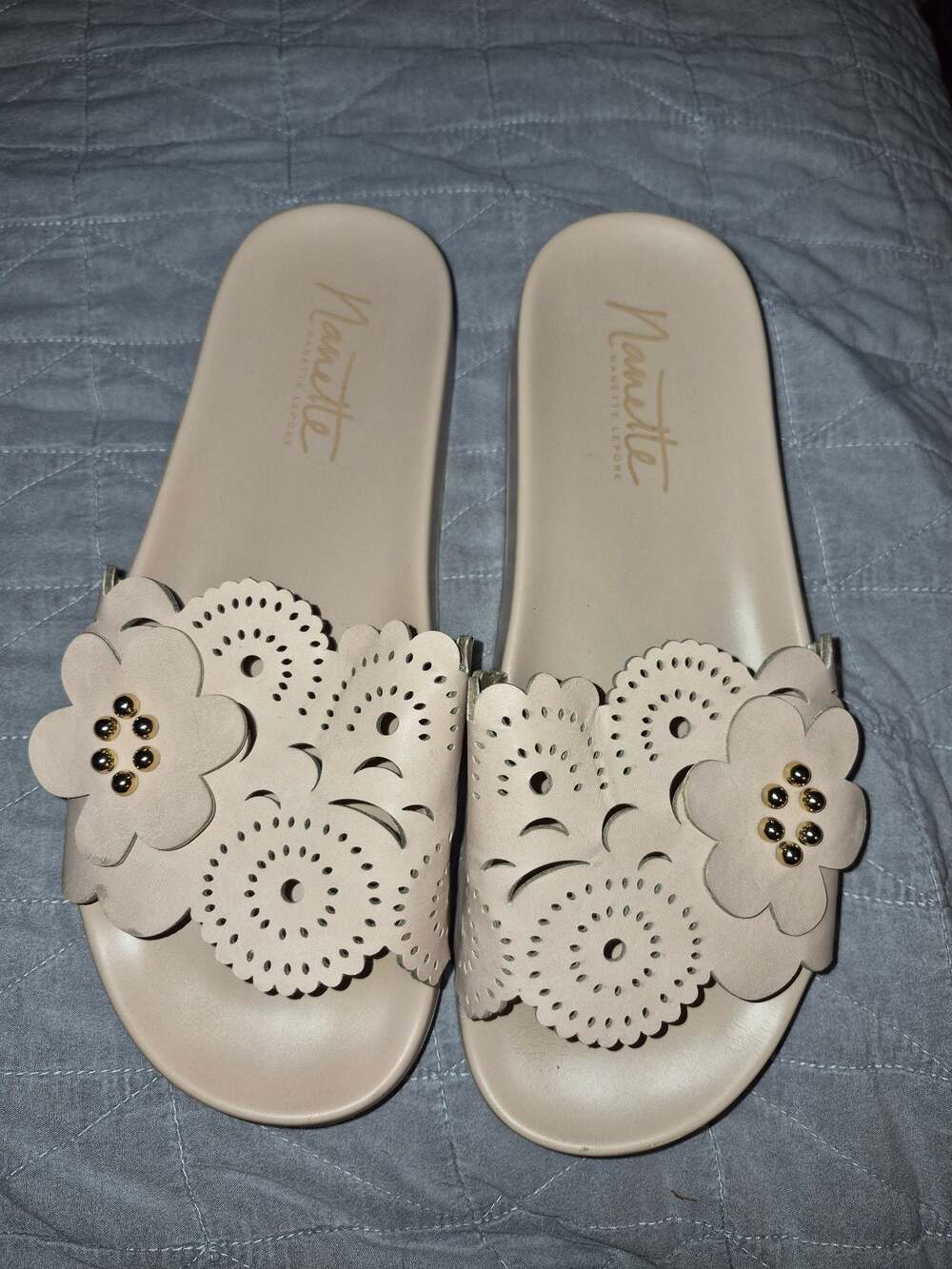 Nanette Lepore Dusty Pink Floral Laser Cut Slide Sandals With Gold Studs